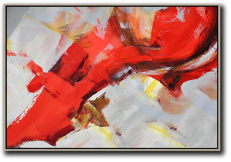 Wall Art Ideas For Living Room,Horizontal Palette Knife Contemporary Art,Art Work,Red,Grey,Yellow.Etc
